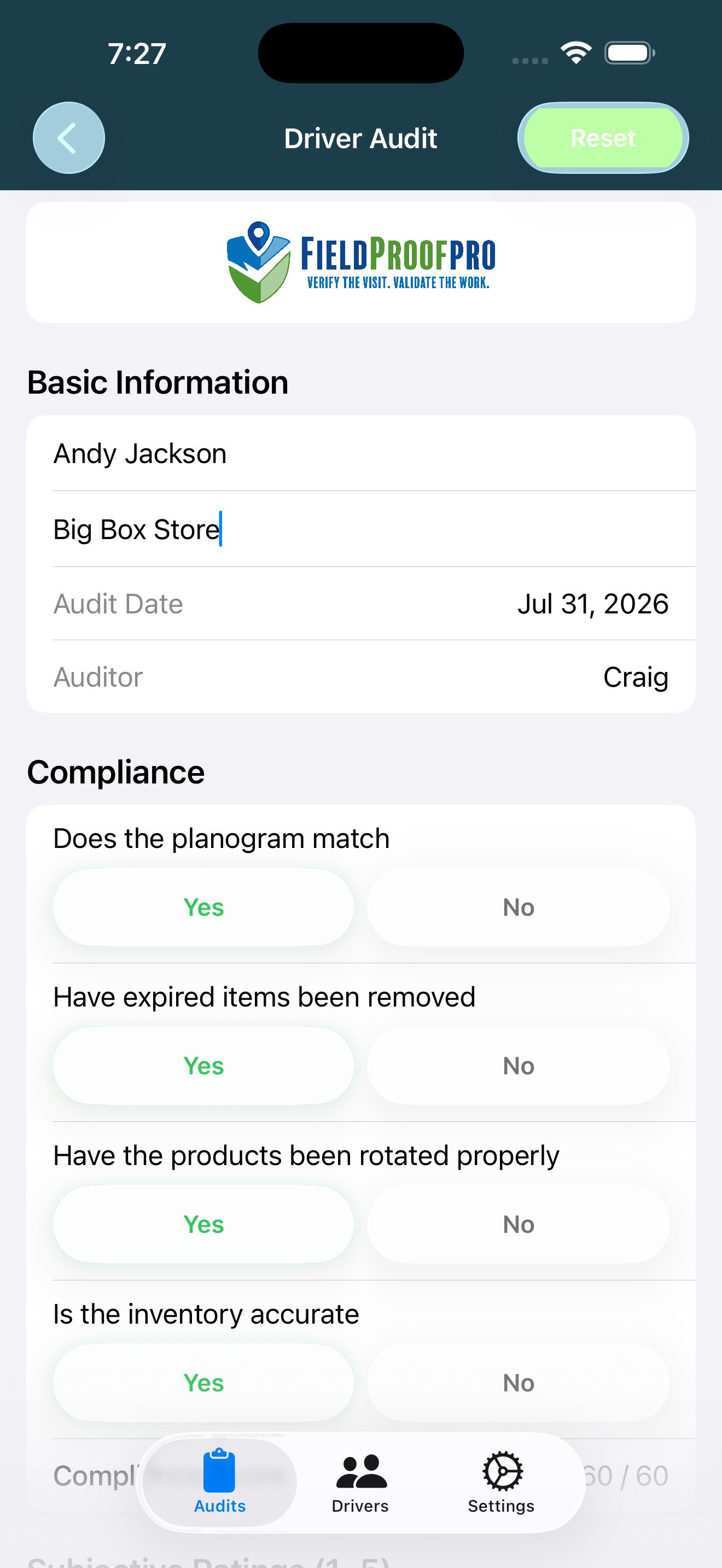 Start an audit — driver, location and compliance