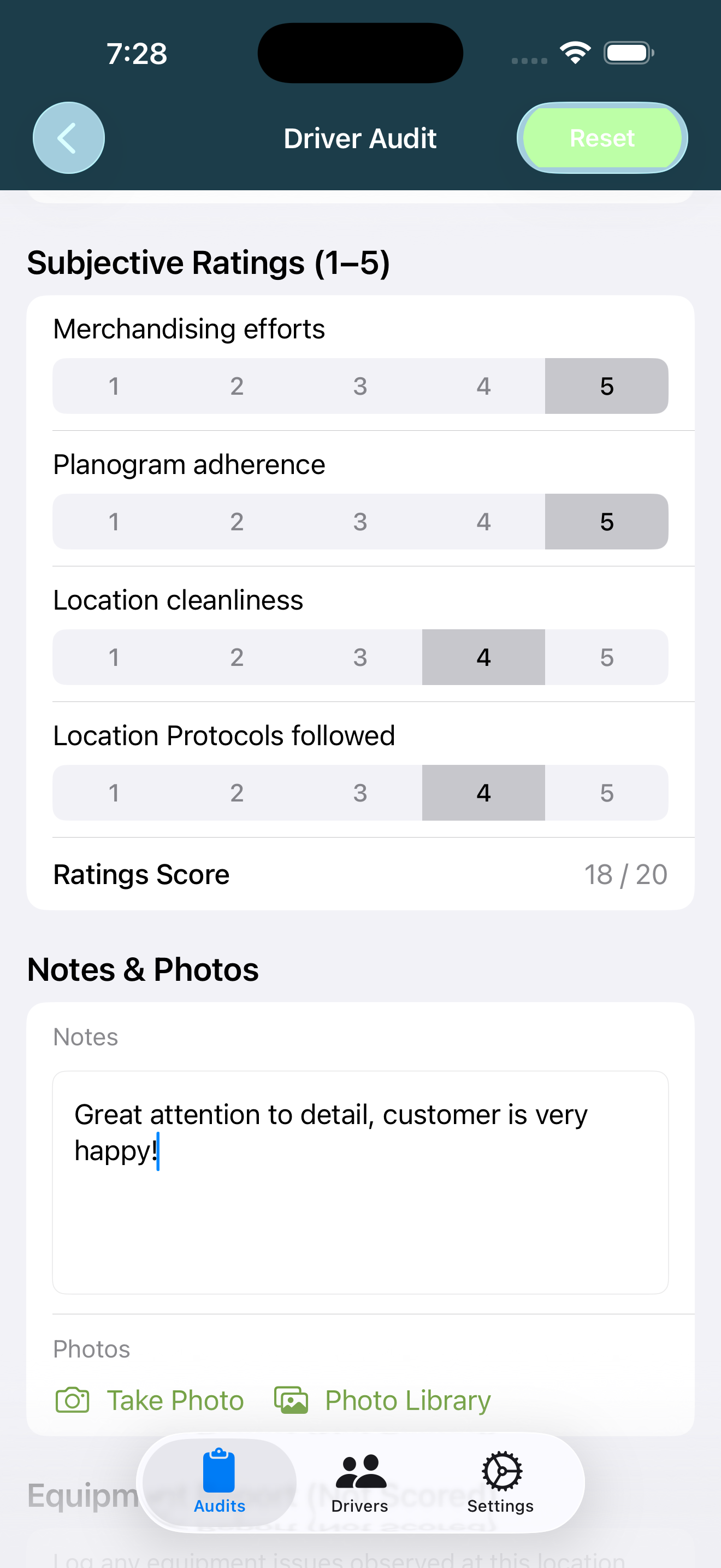 Rate the visit — subjective scores and field notes