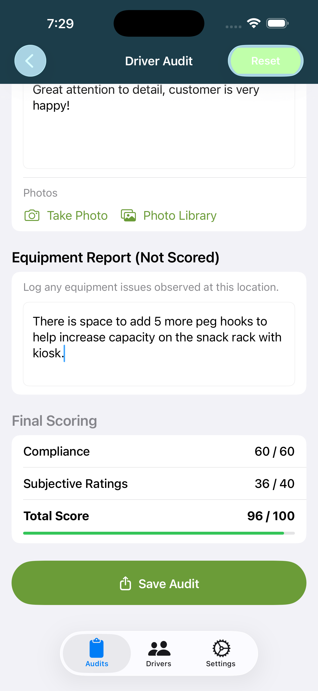 Final score — equipment report and 100-point total