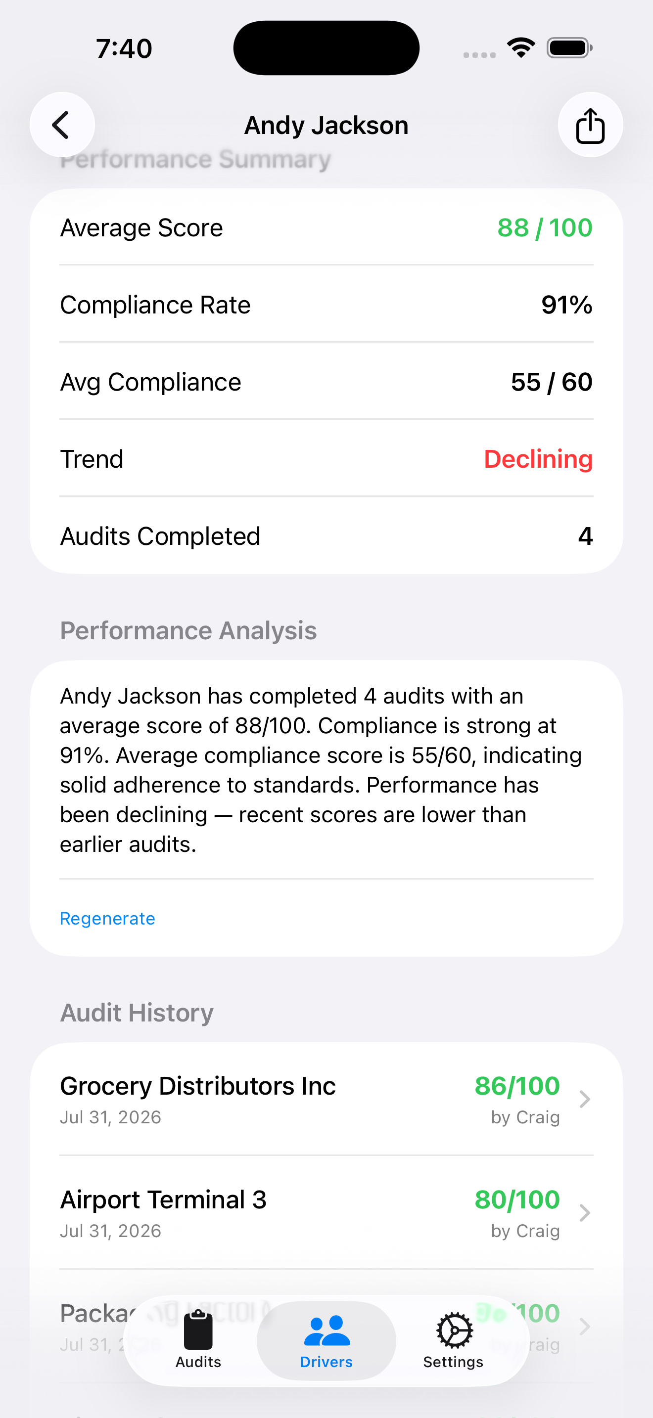 Driver dashboard — history, trends and AI summary