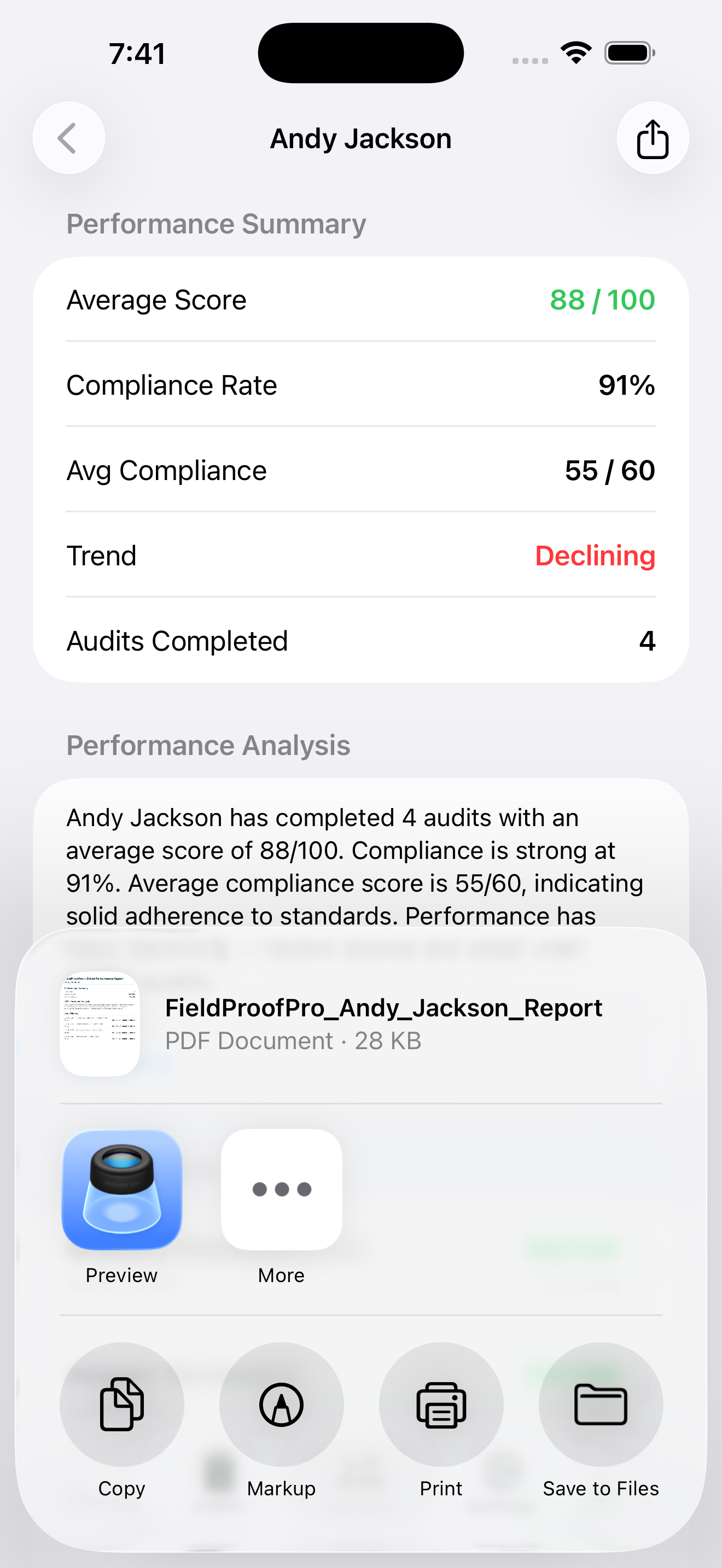 Share reports — export audit PDF in one tap